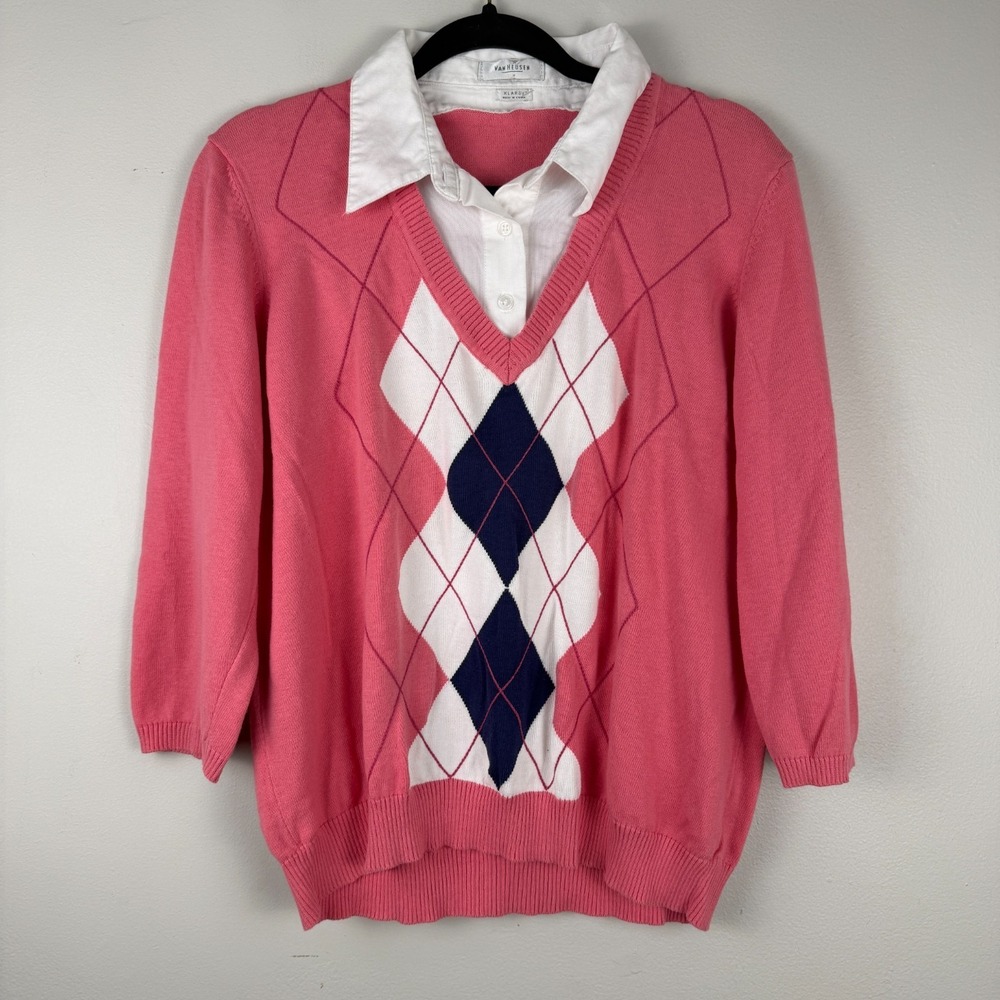 Van Heusen Sweater Women XL Pink White Layered Look Argyle Print Collared Preppy
